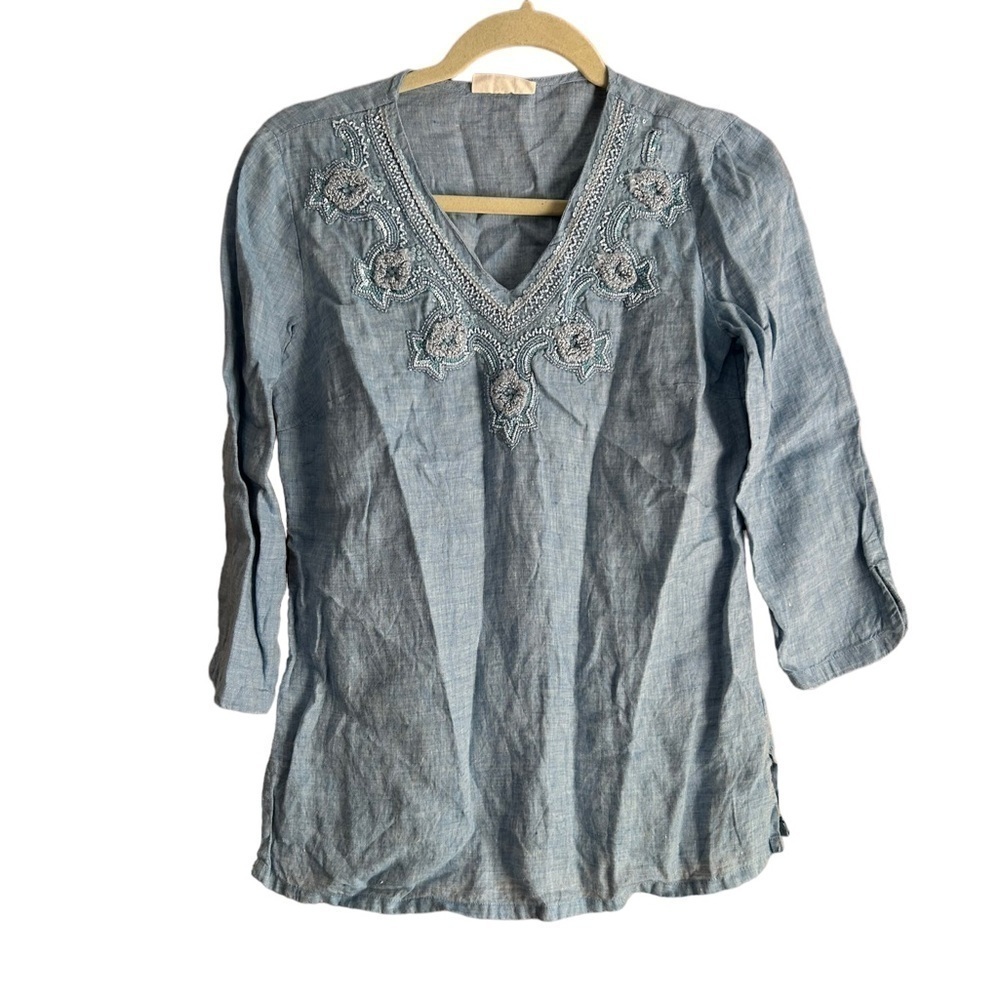 CHARTER CLUB CHAMBRAY LINEN BEADED BLOUSE
